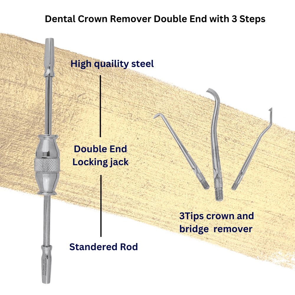 Double-ended dental crown remover with 3 steps for safe and efficient crown removal.