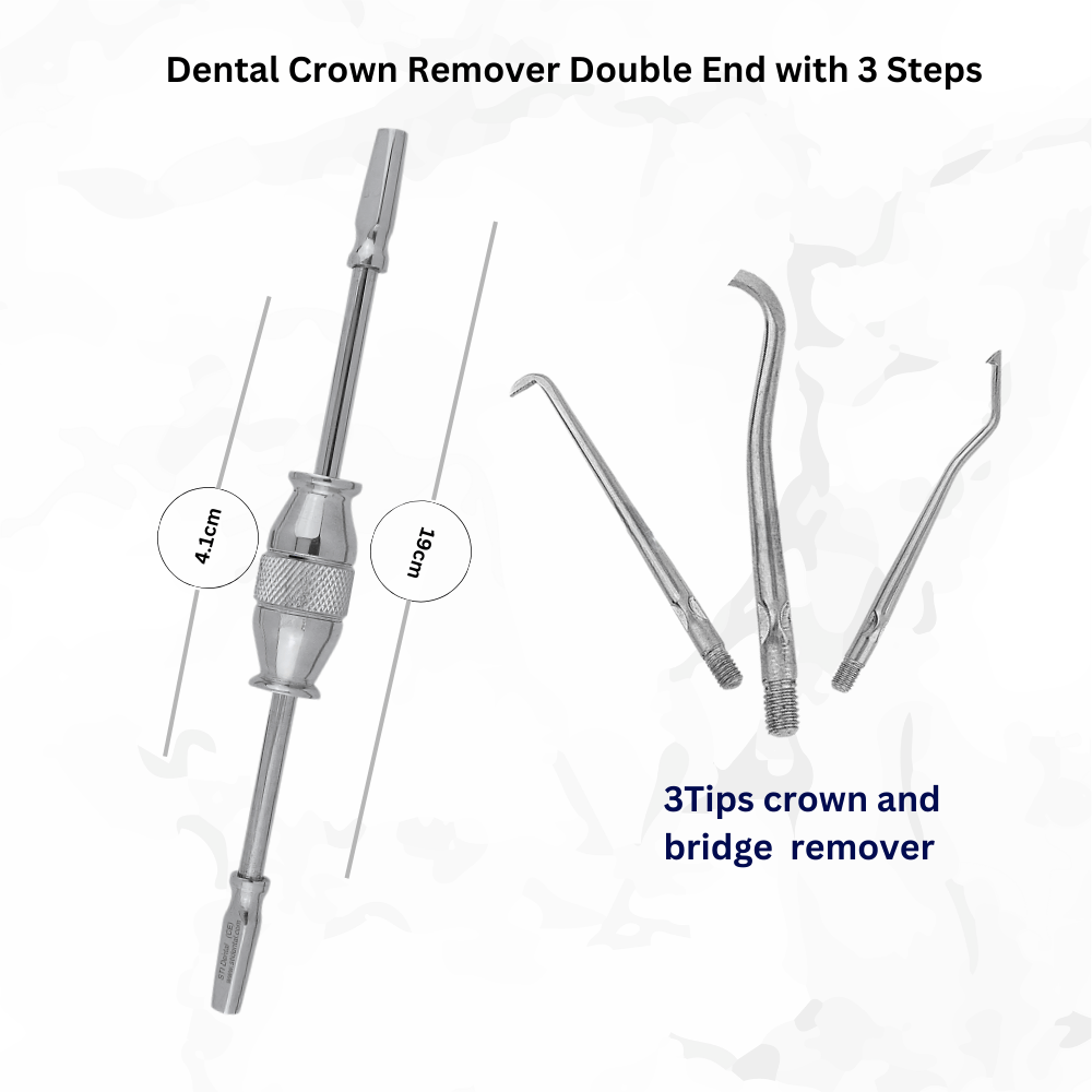 Double-ended dental crown remover with 3 steps for safe and efficient crown removal.