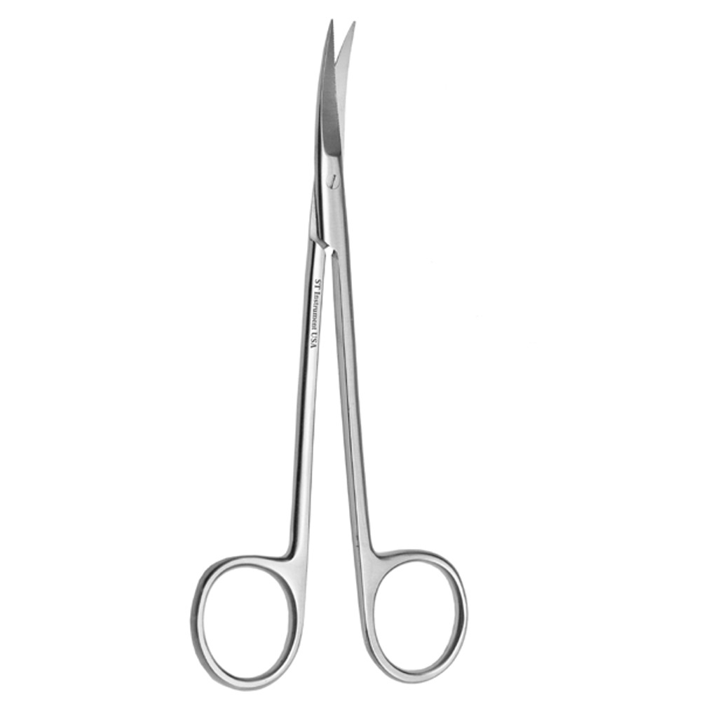 A close-up photo of a curved Kelly surgical scissor designed for dental procedures. The scissor features sharp blades with a curved design, finger holes for controlled handling, and a serrated edge on one blade for grasping tissue.