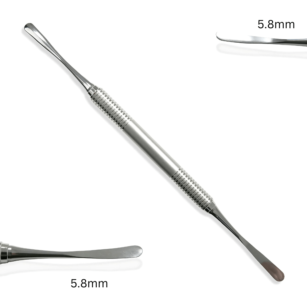 A close-up photo of a dental periosteal elevator instrument called the Goldman Fox. It has a flat, angled blade and a smooth handle for controlled manipulation during dental procedures.